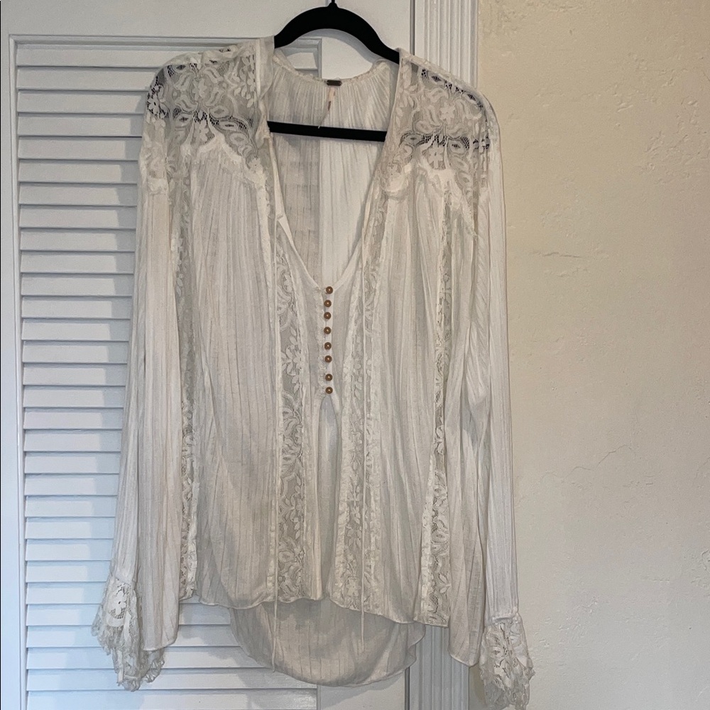 Free People White Lace Button-Down Blouse